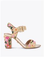 Floral Embroidered Ankle Strap Block Heels