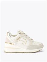 Carvela Mesh Floral Metallic Lace Up Wedge Trainers White