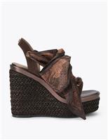 Suede Scarf Tie Wedge Open Toe Sandals