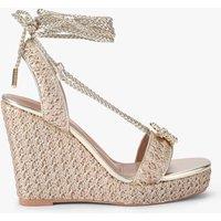 Carvela Raffia Metallic Embellished High Wedge Sandals Gold