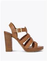 Leather Woven Strap Block Heels
