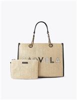 Carvela Raffia Beaded Tote Bag & Pouch Beige Mix