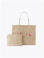 Carvela Raffia Beaded Tote Bag Beige Mix