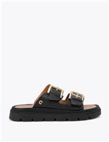 Carvela Leather Buckle Flatform Sliders Brown