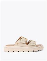 Leather Buckle Flatform Sliders