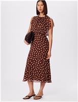 Whistles Polka Dot Crew Neck Midi Waisted Dress Brown Mix