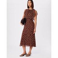 Whistles Polka Dot Crew Neck Midi Waisted Dress Brown Mix