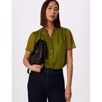 Whistles Dragonfly Print V-Neck Ruffle Collar Blouse Green Mix