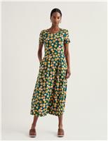 Cotton Rich Printed Midi Waisted Dress