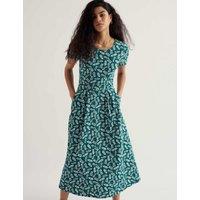Seasalt Cornwall Cotton Rich Printed Midi Waisted Dress Teal Mix