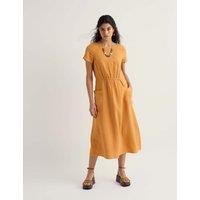 Seasalt Cornwall Pure Linen Round Neck Midi Waisted Dress Yellow