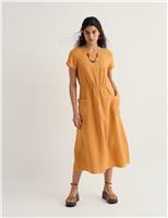 Pure Linen Round Neck Midi Waisted Dress