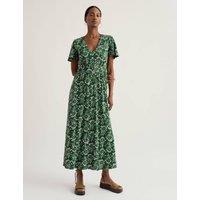 Seasalt Cornwall Pure Cotton Floral V-Neck Midi Waisted Dress Green Mix