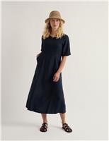 Pure Linen Round Neck Midi Waisted Dress