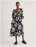 Seasalt Cornwall Pure Cotton Floral V-Neck Midi Smock Dress Navy Mix