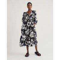 Seasalt Cornwall Pure Cotton Floral V-Neck Midi Smock Dress Navy Mix