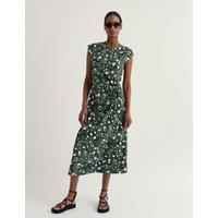 Seasalt Cornwall Cotton Rich Floral Midi Waisted Dress Green Mix