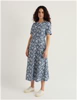 Seasalt Cornwall Pure Cotton Floral Midi Waisted Dress Blue Mix