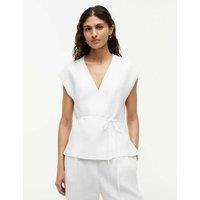 Tommy Hilfiger Linen Rich V-Neck Tie Detail Vest White