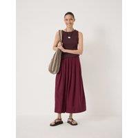 HUSH Linen Blend Pleated Midi A-Line Skirt Dark Red