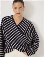 HUSH Wool Blend Striped V-Neck Cross Front Jumper Navy