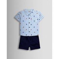 JoJo Maman Bb 2 Piece Pure Cotton Sailboat Shirt & Shorts Set (1-7 Yrs) Light Blue