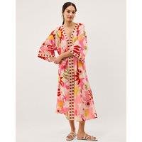 Monsoon Pure Cotton Printed V-Neck Midi Kaftan Dress Ivory Mix