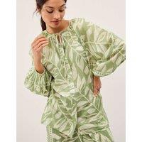 Monsoon Pure Cotton Leaf Print Tie Neck Blouse Green Mix
