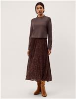 Monsoon Leopard Print Combi Pleated Midi Dress Chocolate