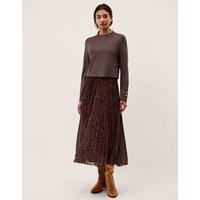 Monsoon Leopard Print Combi Pleated Midi Dress Chocolate