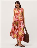 Monsoon Printed Scoop Neck Midi Smock Dress Orange Mix