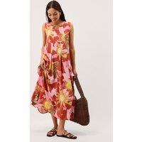 Monsoon Printed Scoop Neck Midi Smock Dress Orange Mix