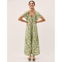 Monsoon Floral Tie Neck Short Sleeve Jumpsuit Green Mix