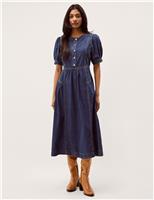 Denim Round Neck Midi Waisted Dress