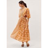 Monsoon Pure Cotton Floral V-Neck Maxi Waisted Dress Orange Mix