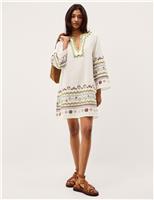 Monsoon Pure Cotton Embroidered V-Neck Relaxed Tunic Ivory