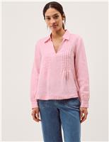 Pure Linen Collared V-Neck Pintuck Blouse