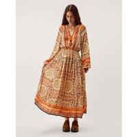 Monsoon Printed V-Neck Midaxi Waisted Dress Beige Mix