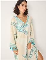 Monsoon Cotton Rich Palm Print V-Neck Midaxi Kaftan Ivory Mix