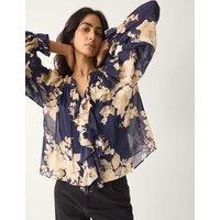 Monsoon Floral Tie Neck Ruffle Blouse Navy Mix