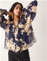Monsoon Floral Tie Neck Ruffle Blouse Navy Mix