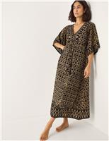 Monsoon Animal Print V-Neck Midi Kaftan Dress Black Mix