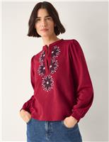 Monsoon Pure Cotton Embroidered Blouson Sleeve Blouse Burgundy Mix