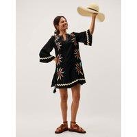 Monsoon Embroidered Notch Neck Mini Kaftan Dress Black Mix