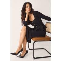 Monsoon Square Neck Gold Button Peplum Midi Dress Black Mix