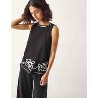Monsoon Pure Cotton Floral Embroidered Tassel Top Black Mix