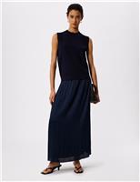 Whistles Plisse Pleated Midi Column Skirt Navy