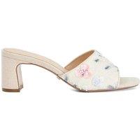 Dune London Linen Floral Block Heel Square Toe Mules Natural