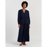 Chinti & Parker Broderie Midi A-Line Skirt with Linen Navy