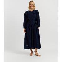 Chinti & Parker Broderie Maxi Waisted Dress with Linen Navy